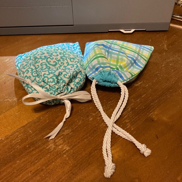Set of 2 Stylish Patterned Drawstring Pouches - Teal & White and Pastel Plaid - Picture 1 of 2